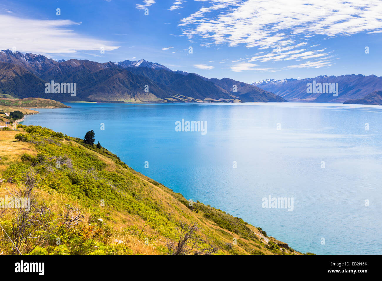 Lake Hawea with views of the Hunter Valley, The Neck, Otago Region, New Zealand Stock Photo