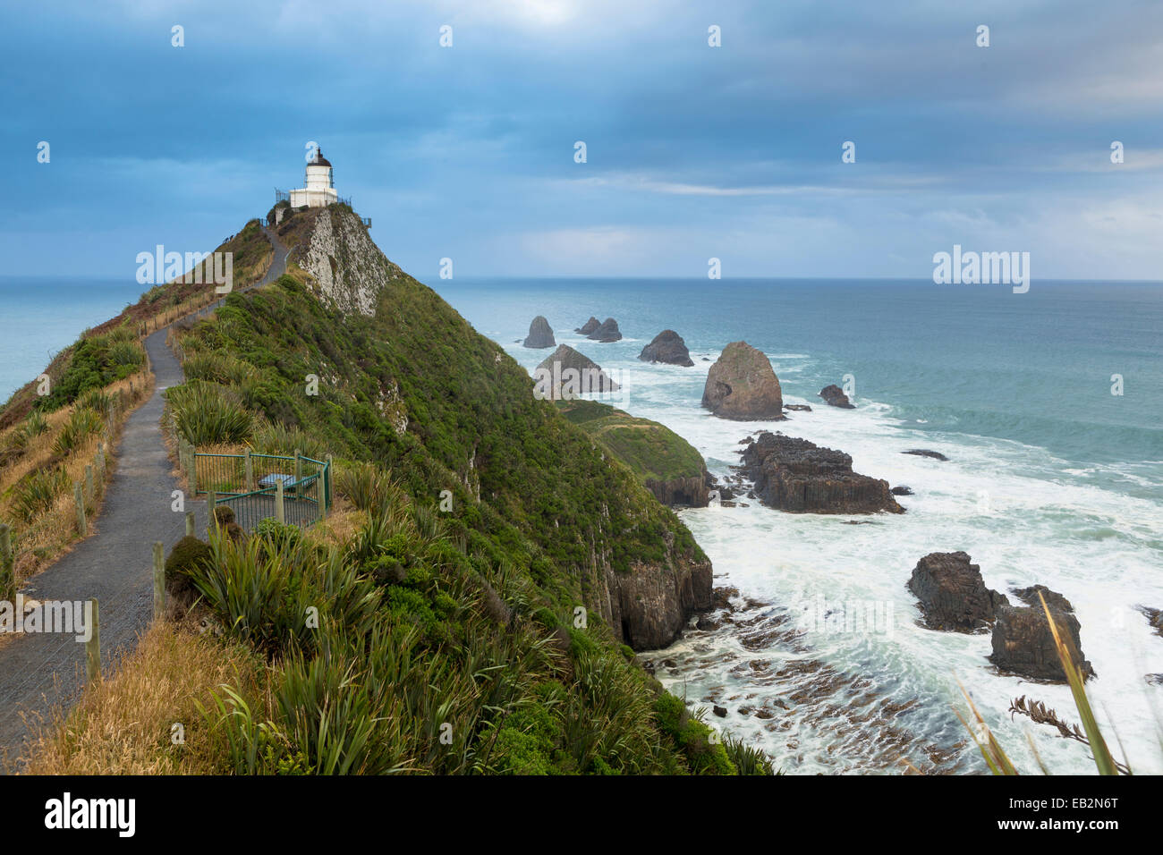The Lighthouse at Nugget Point, Nugget Point, Ahuriri Flat, Otago Region, New Zealand Stock Photo