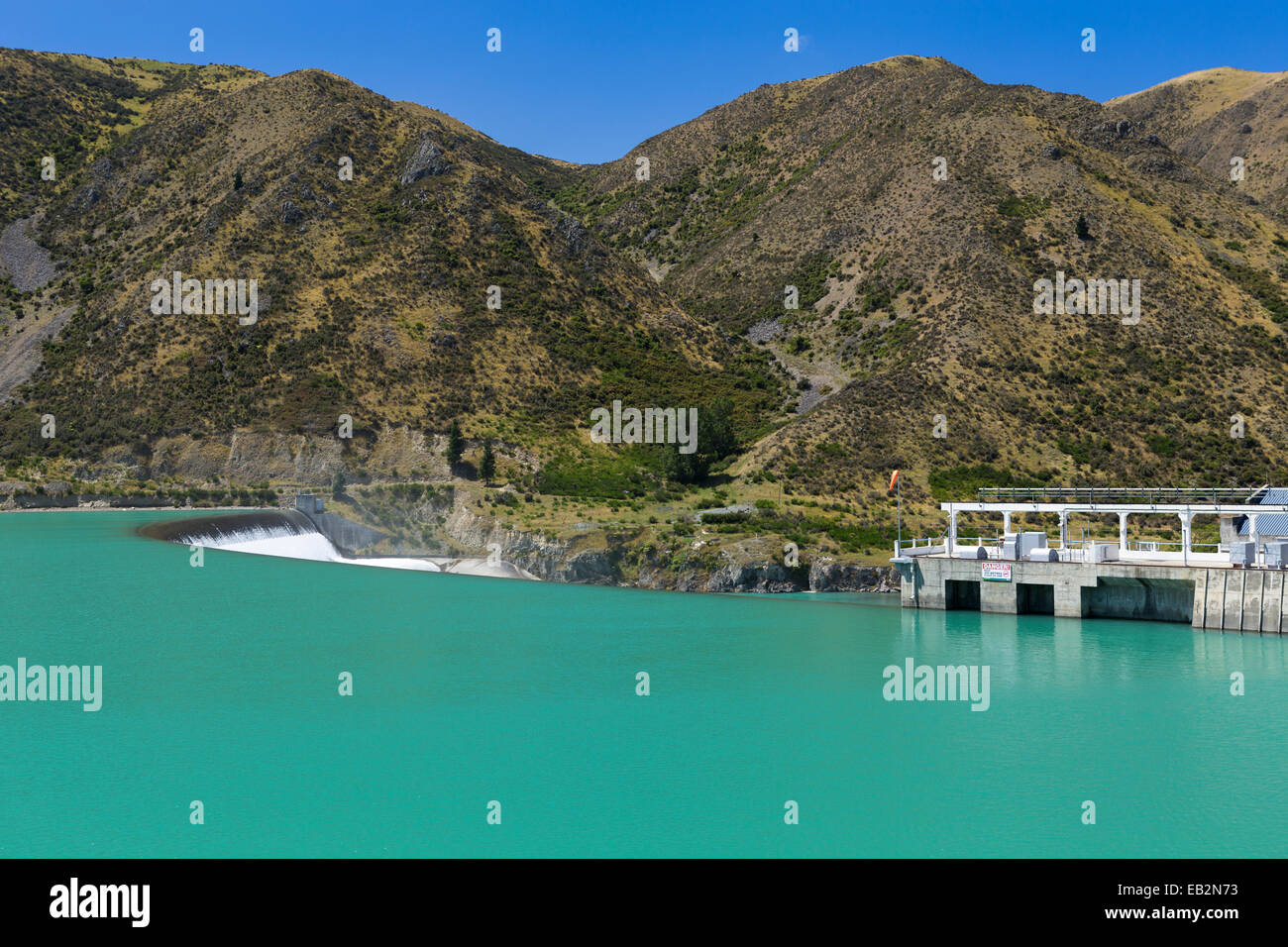 Dam on the the Waitaki River, Kurow, Otago Region, New Zealand Stock Photo