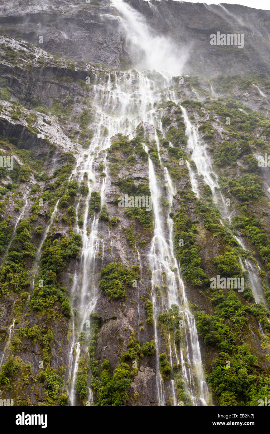 Stirling Falls, 155m, in Milford Sound, Fiordland National Park, Southland Region, New Zealand Stock Photo
