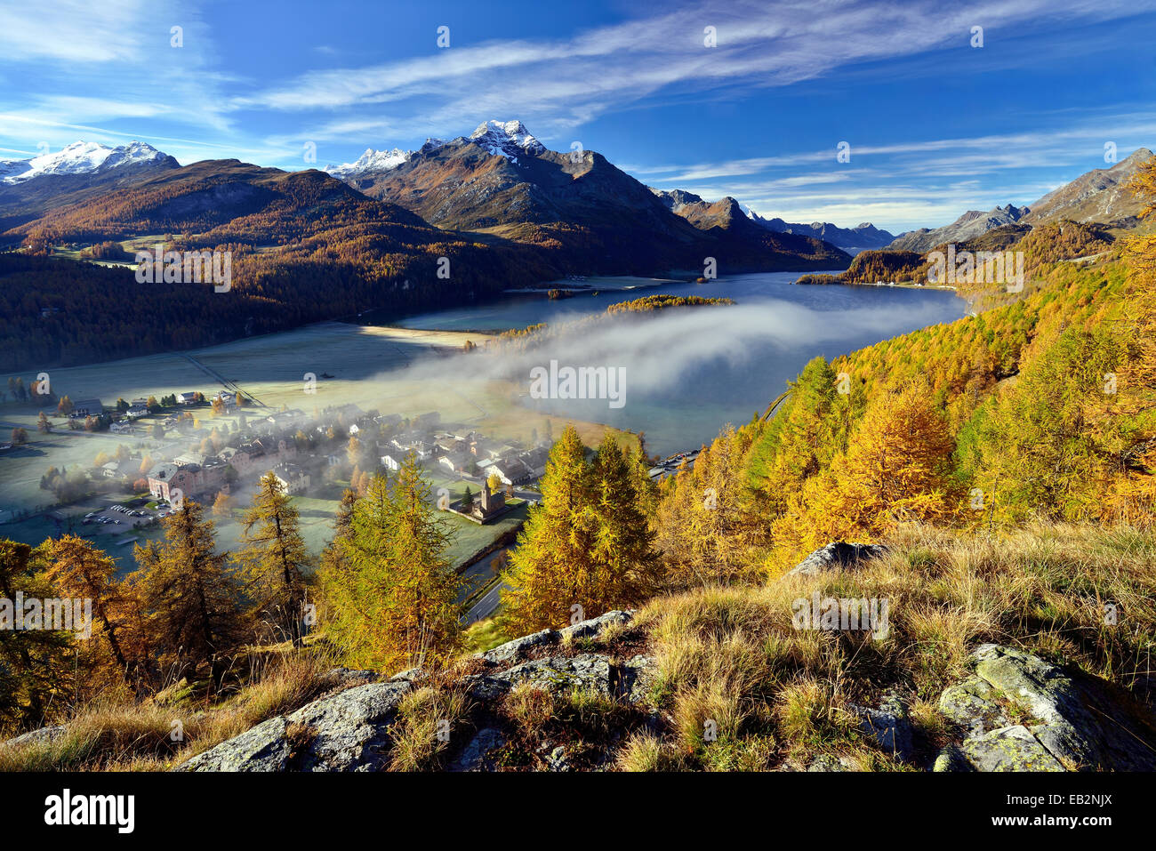 Views of Lake Sils and Piz da la Margna in autumnal Upper Engadine, fog above the valley, Sils-Baselgia, Engadin, Grisons Stock Photo