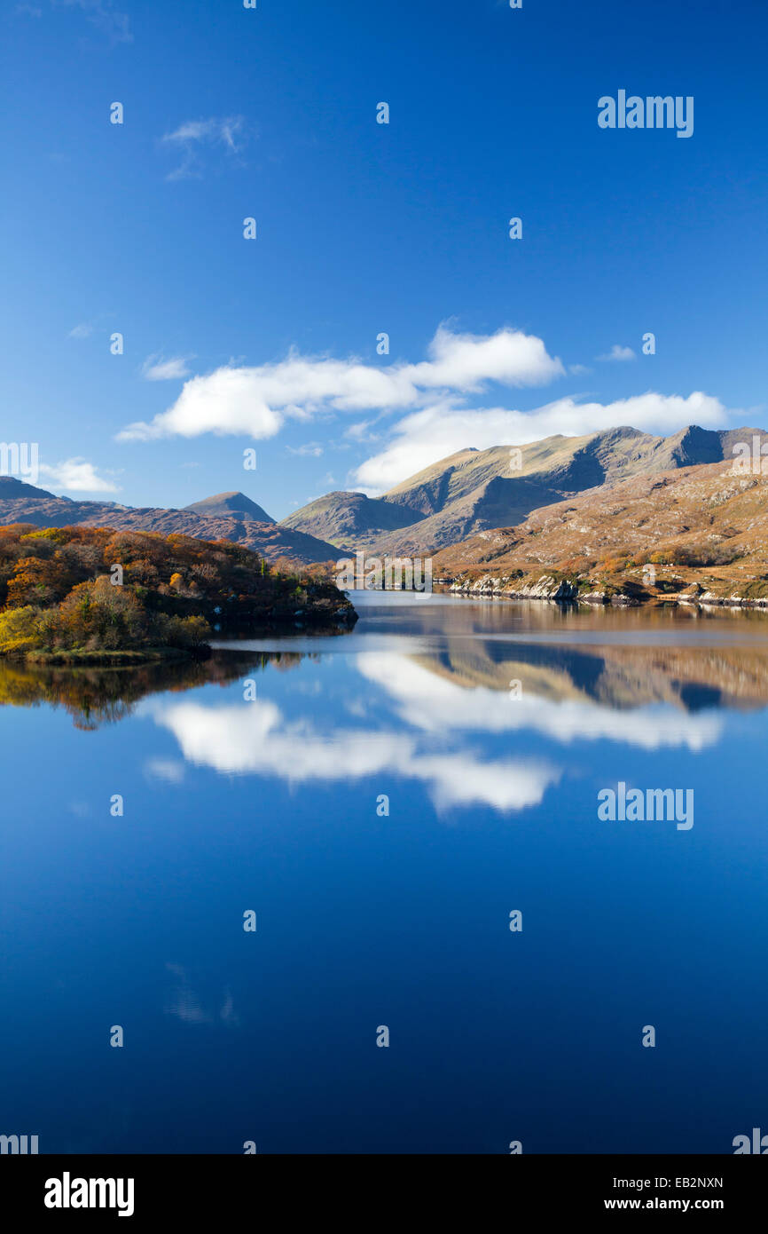 The MacGillycuddy's Reeks mountains reflected in Upper Lake, Killarney National Park, County Kerry, Ireland. Stock Photo