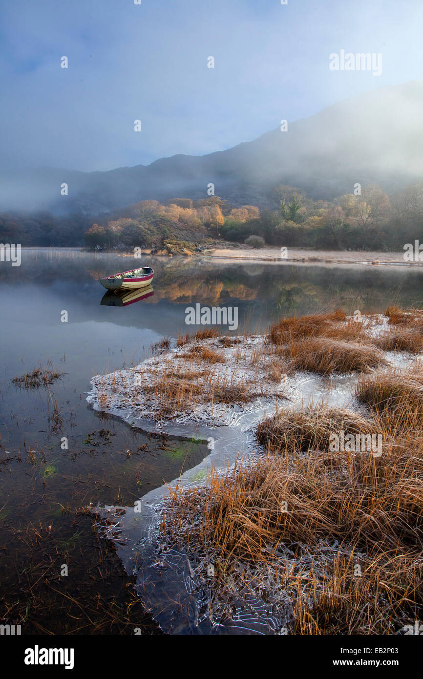 Frosty winter morning on the shore of Upper Lake, Killarney National Park, County Kerry, Ireland. Stock Photo