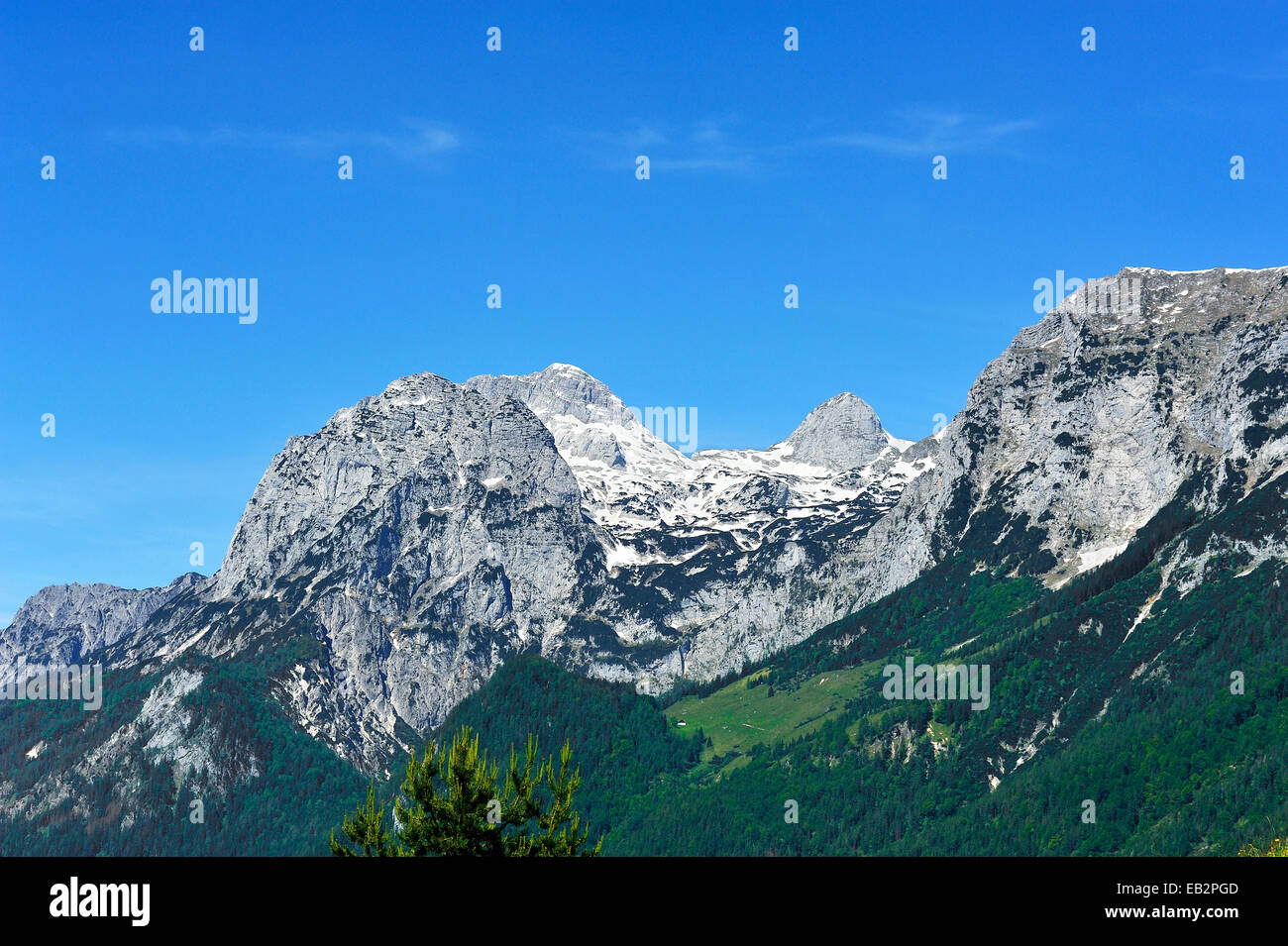 Mt Reiter Alpe with remaining snow, Ramsau bei Berchtesgaden, Berchtesgadener Land District, Upper Bavaria, Bavaria, Germany Stock Photo