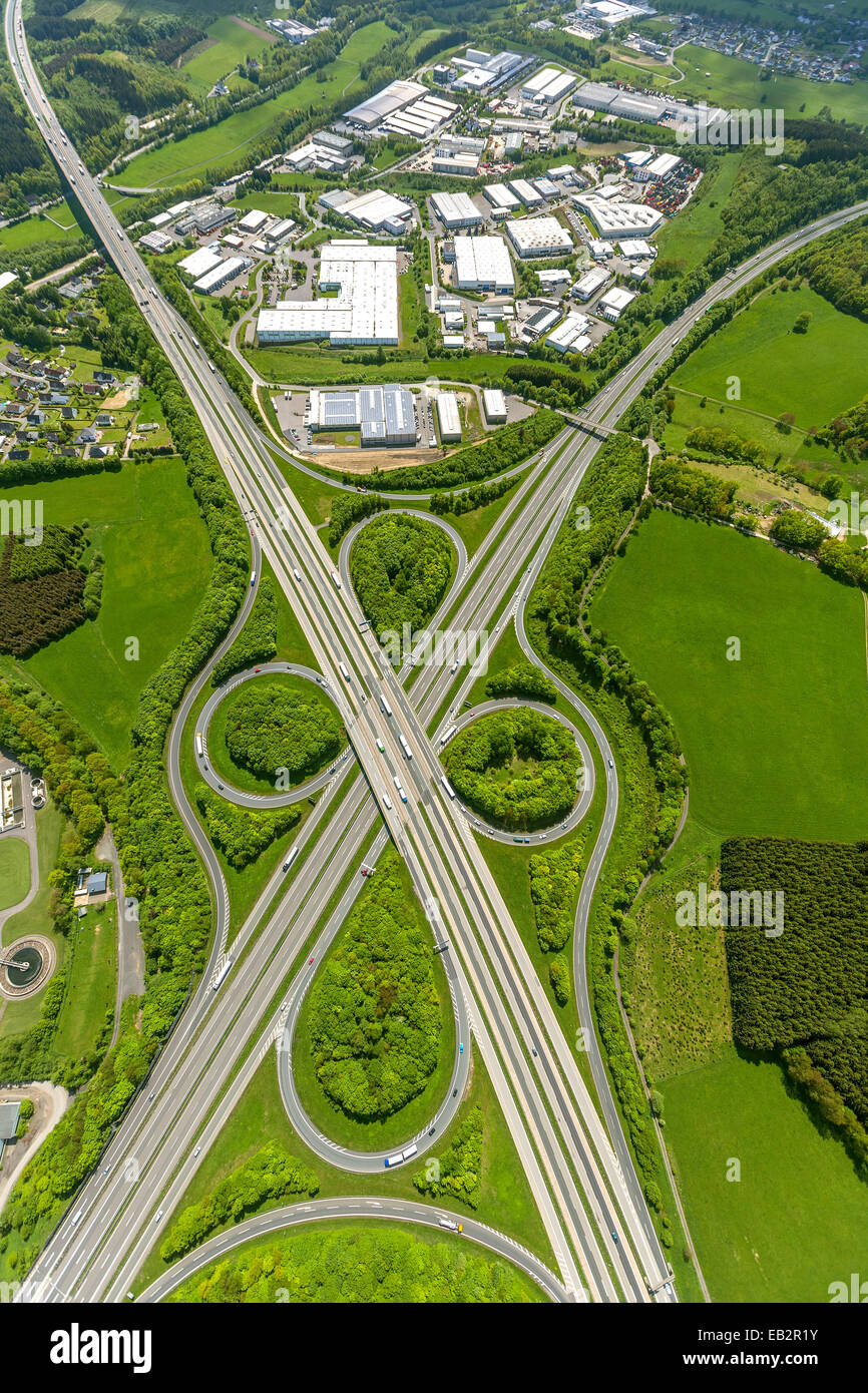 Aerial view, industrial estate at the Wenden motorway junction, Wenden A45, A4, Wenden, North Rhine-Westphalia, Germany Stock Photo
