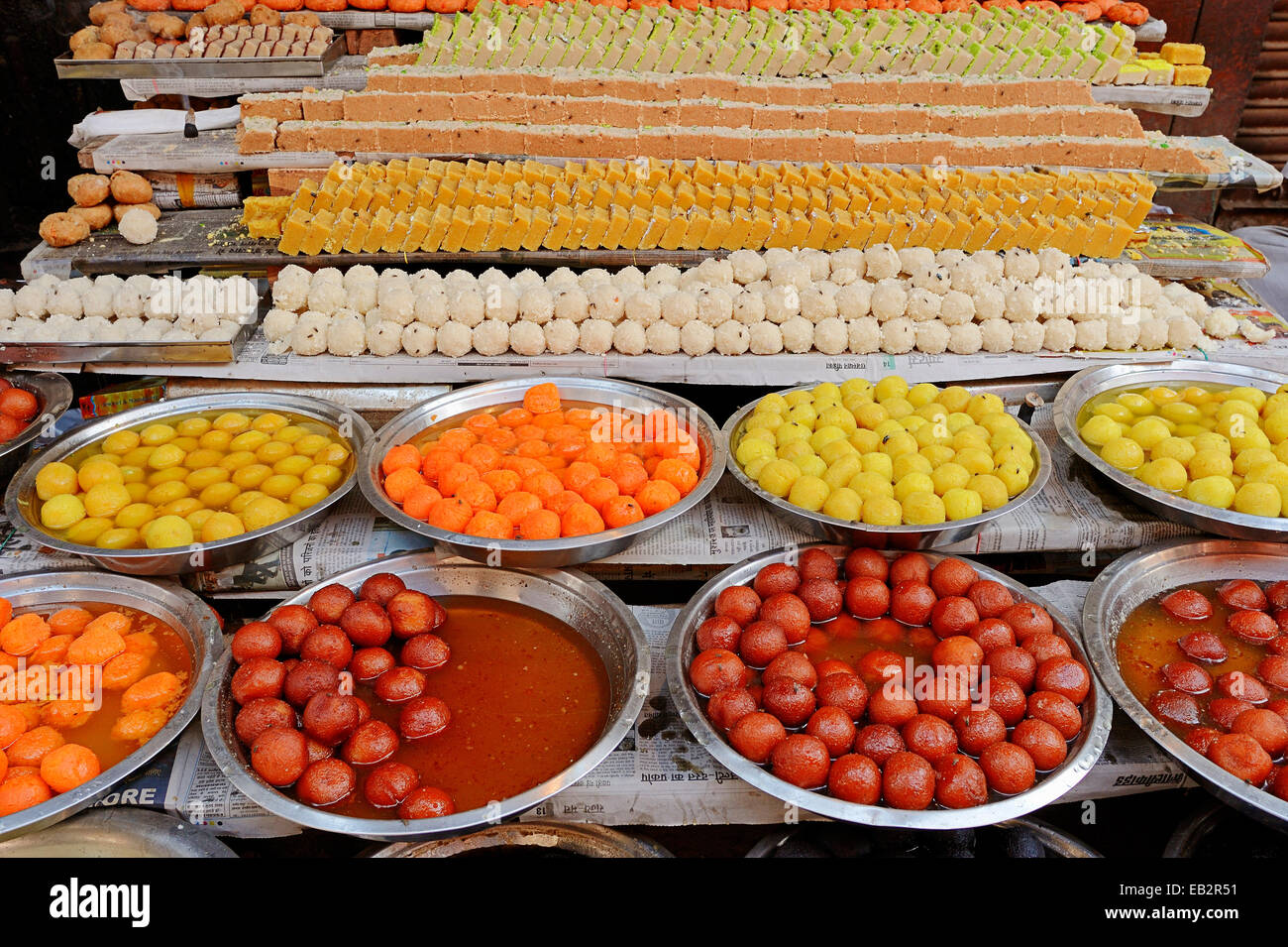 Shop with sweets during the Diwali, Divali or Deepavali Festival of Lights, Bharatpur, Rajasthan, India Stock Photo