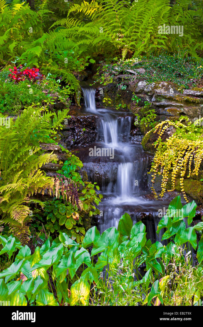 Small waterfall in garden, Sutton, Eastern Townships, Quebec, Canada Stock Photo