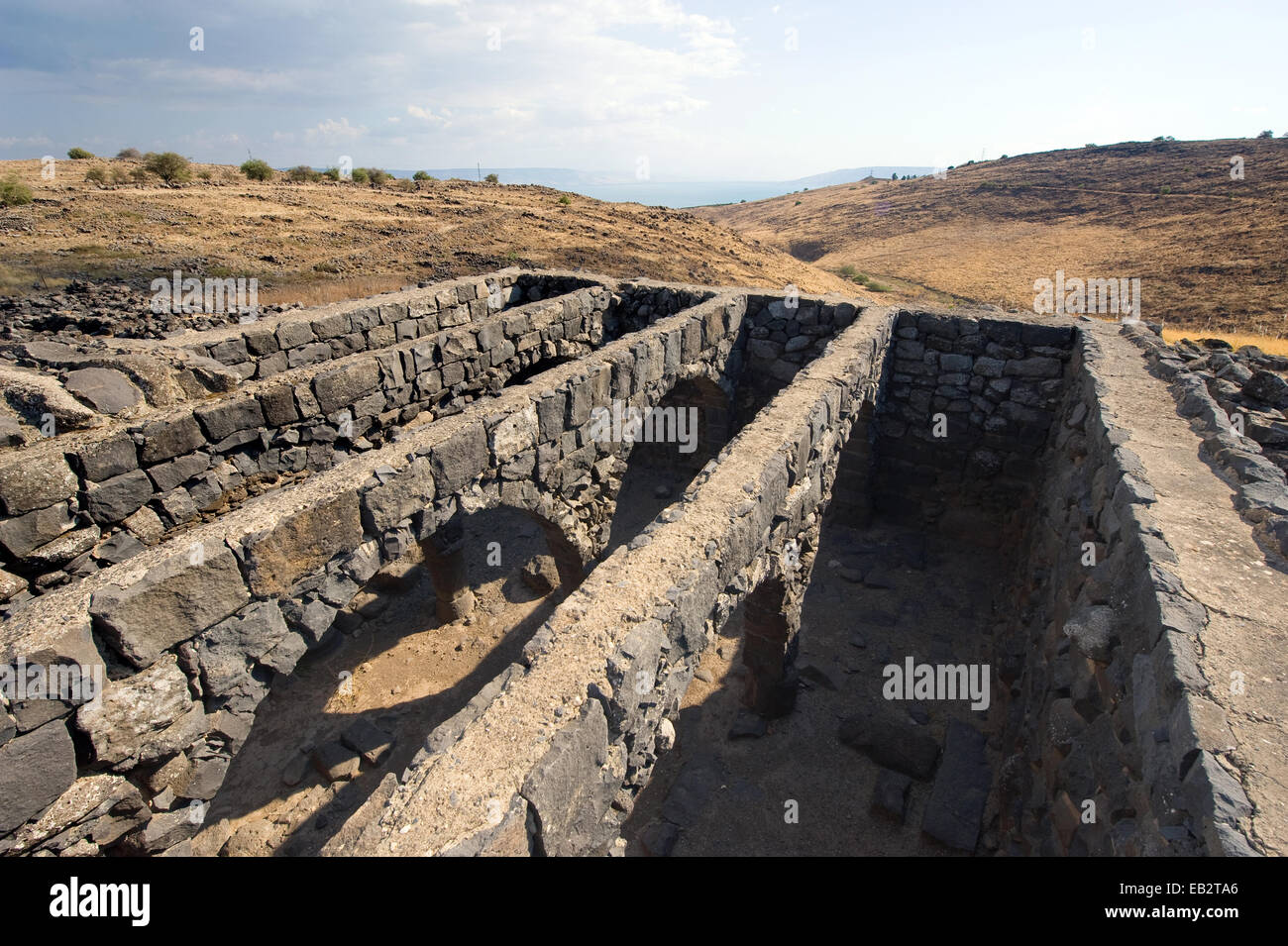Remains of dwelling houses in the biblical village of Korazim a few kilometer north of the lake of Galilee. Jesus condemned the Stock Photo