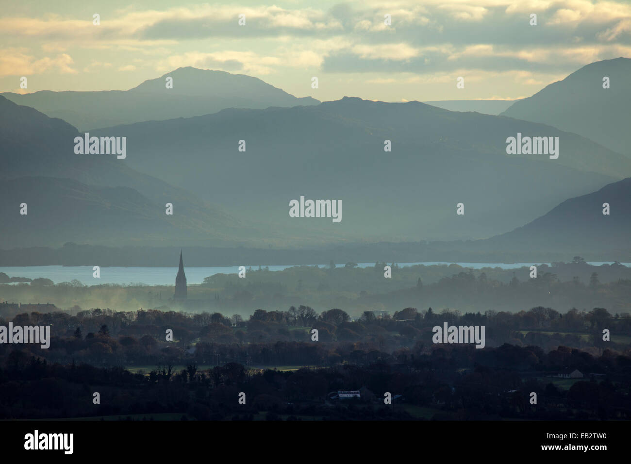 Morning mist over Killarney and the Magillycuddys Reeks, County Kerry, Ireland. Stock Photo