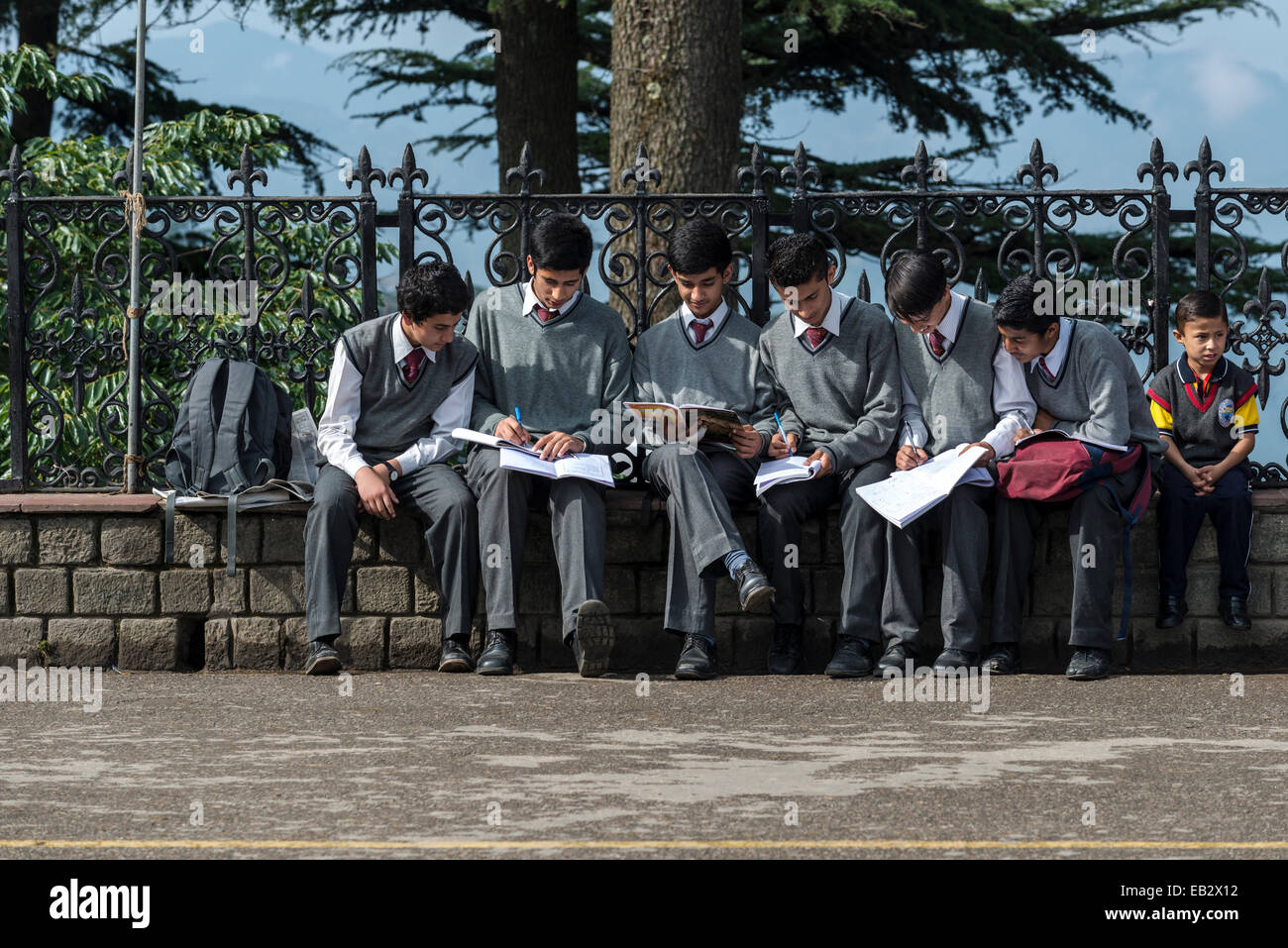 Students sitting on a wall studying, Shimla, Himachal Pradesh, India Stock Photo