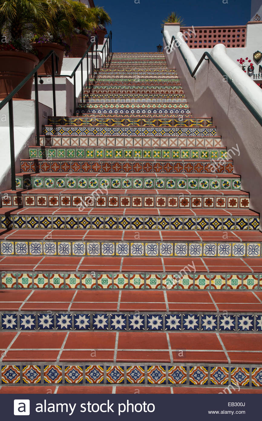 Steps with Spanish tiles leading to veranda in Santa Barbara Stock