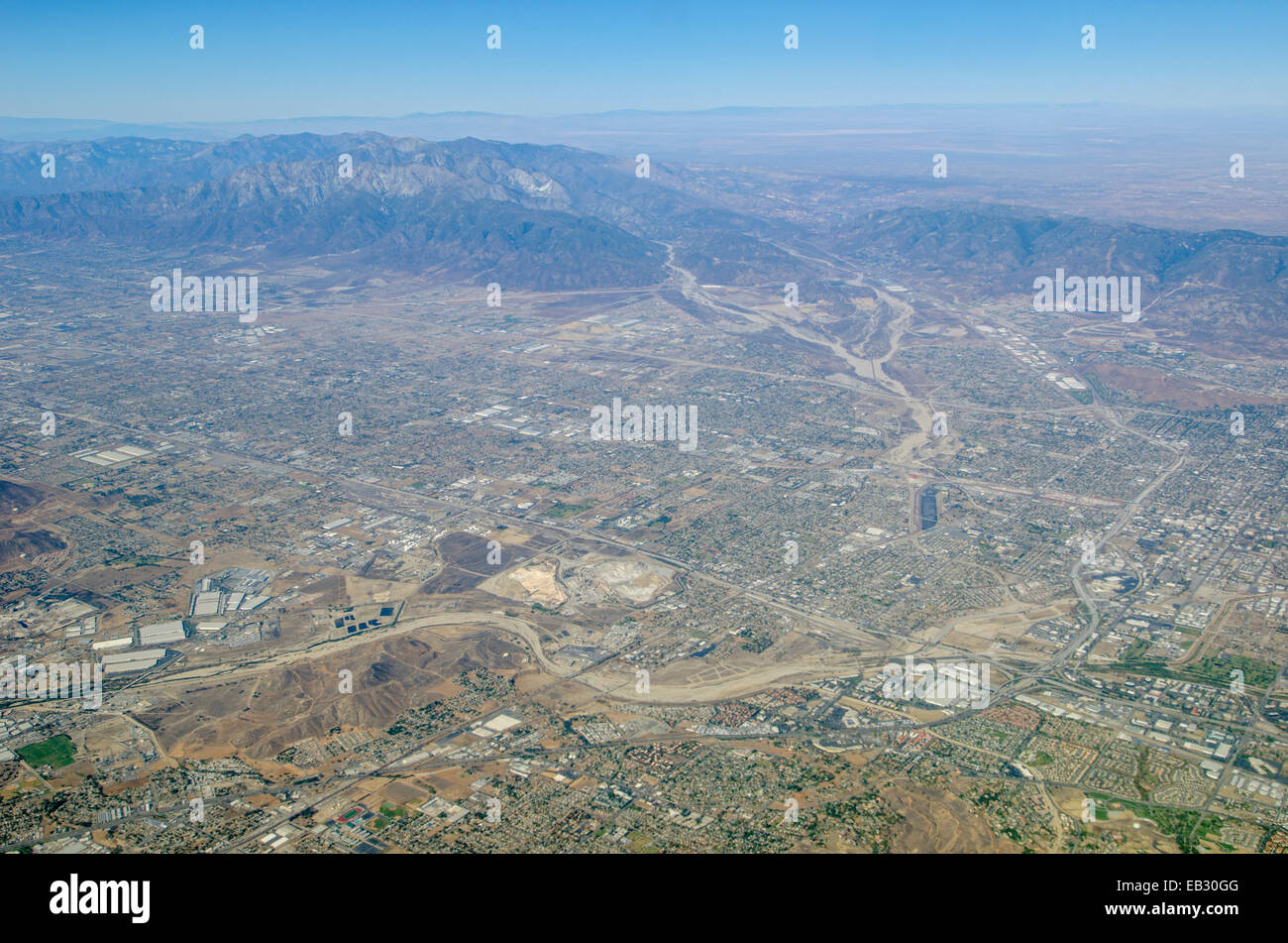 Aerial of Inland Empire and the San Gabriel Mountains. Stock Photo