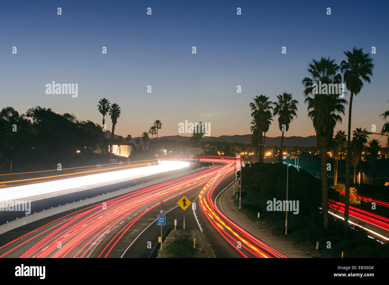 Time exposure of morning rush hour on the Ventura Freeway on Highway