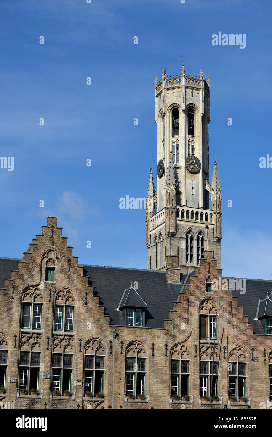 Guild houses in front of the Belfort or Belfry of Bruges, bell tower ...