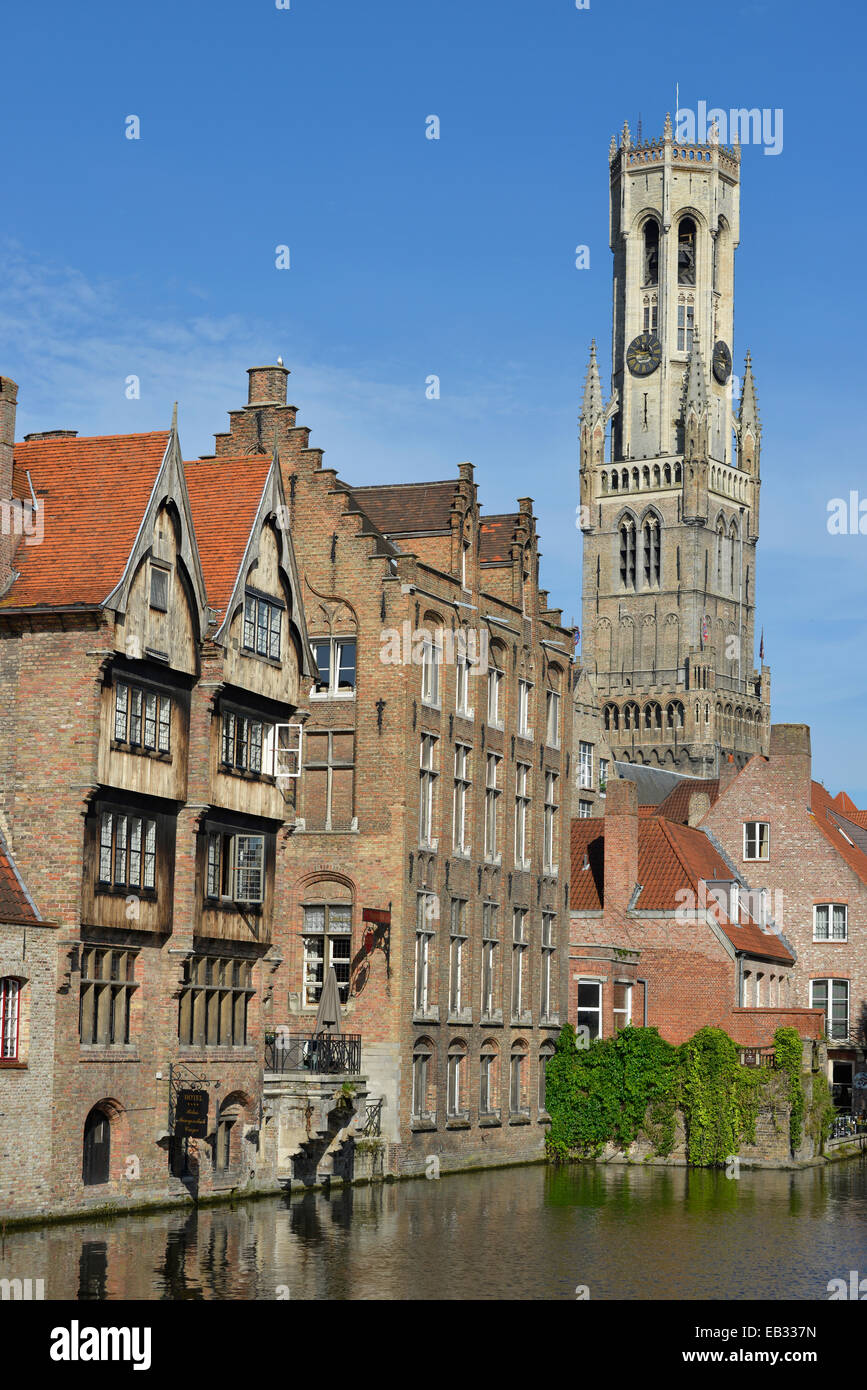 Guild houses in front of the Belfort or Belfry of Bruges, bell tower, historic centre at Rozenhoedkaai Stock Photo