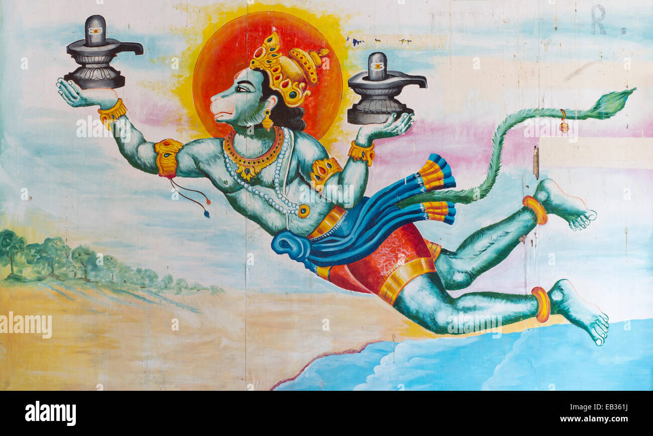 Flying Hanuman, a Hindu deity with Lingams, phallic symbols, mural in the Ramanathaswami Temple, Rameswaram, Pamban Island Stock Photo