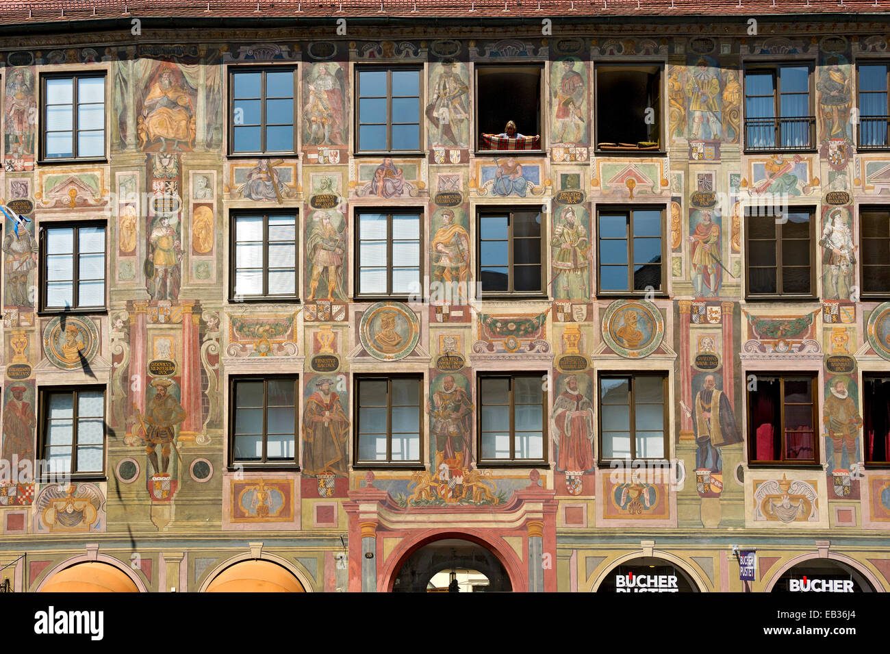 Paintings of the genealogy of the House of Wittelsbach, anno 1598, Landschaftshaus or Alte Post building, historic center Stock Photo