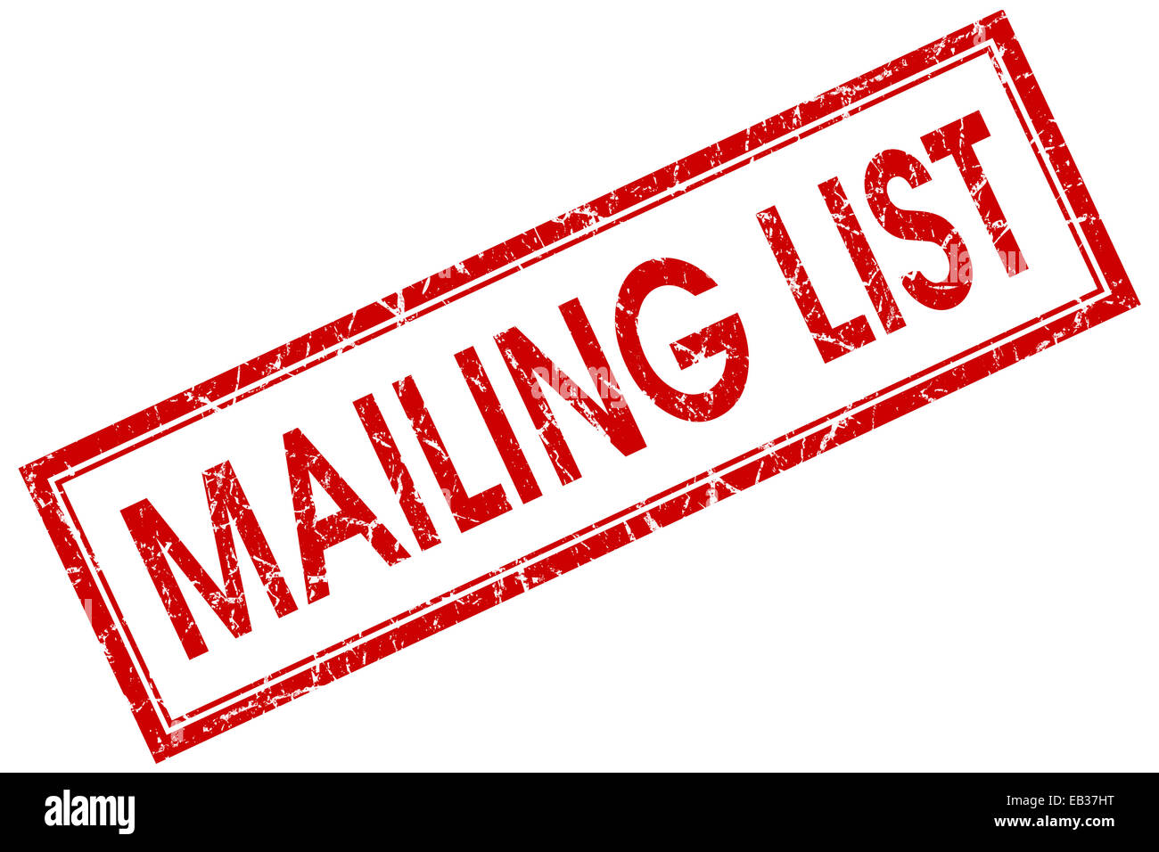 Mailing list red square grungy stamp isolated on white background Stock