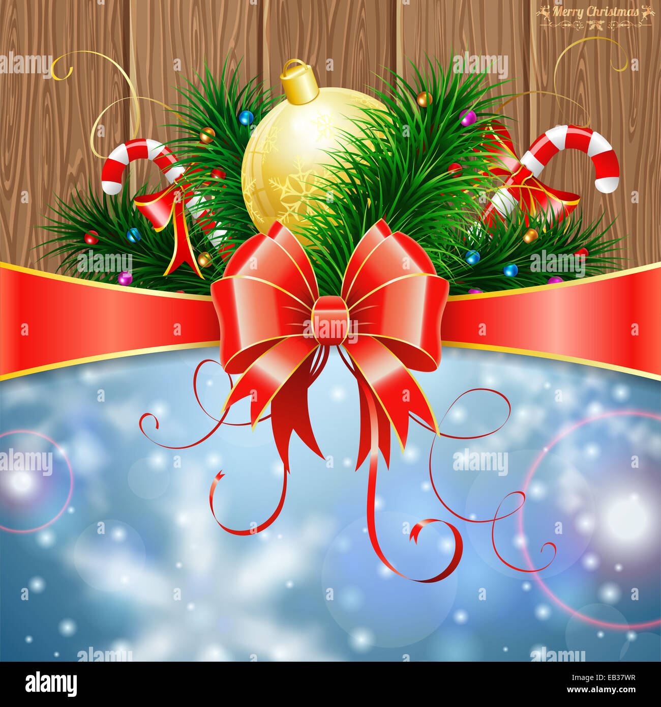 Christmas Greeting Card with Fir Branches, Candy, Bauble and Streamer ...