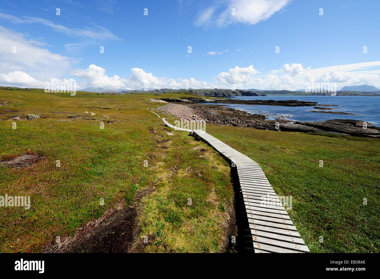 Boardwalk leading through the marshy areas around the island of Handa, Scourie, Scotland, United Kingdom Stock Photo