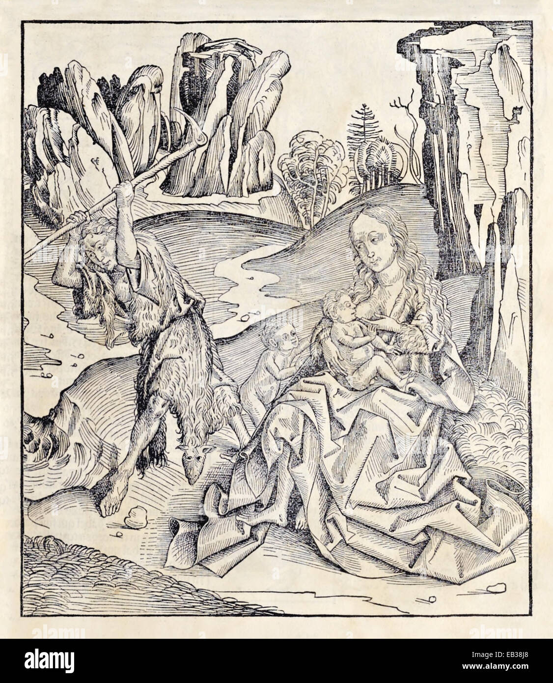 Adam works hard as Eve suckles Cain and Abel after the expulsion from Eden. From 'Liber Chronicarum' by Hartmann Schedel (1440-1514). See description for more information. Stock Photo