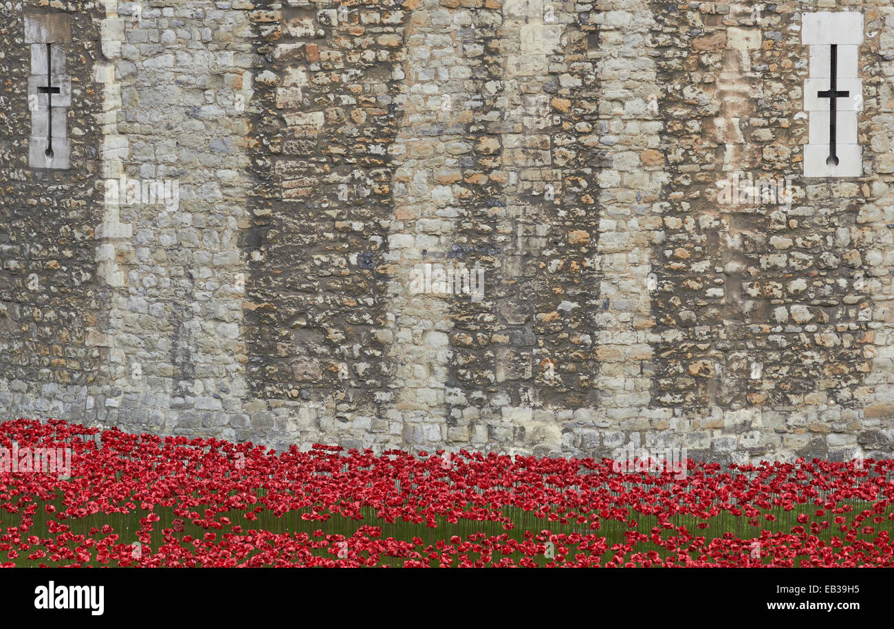 'Blood Swept Lands' installation of ceramic poppies Tower of London England Europe Stock Photo