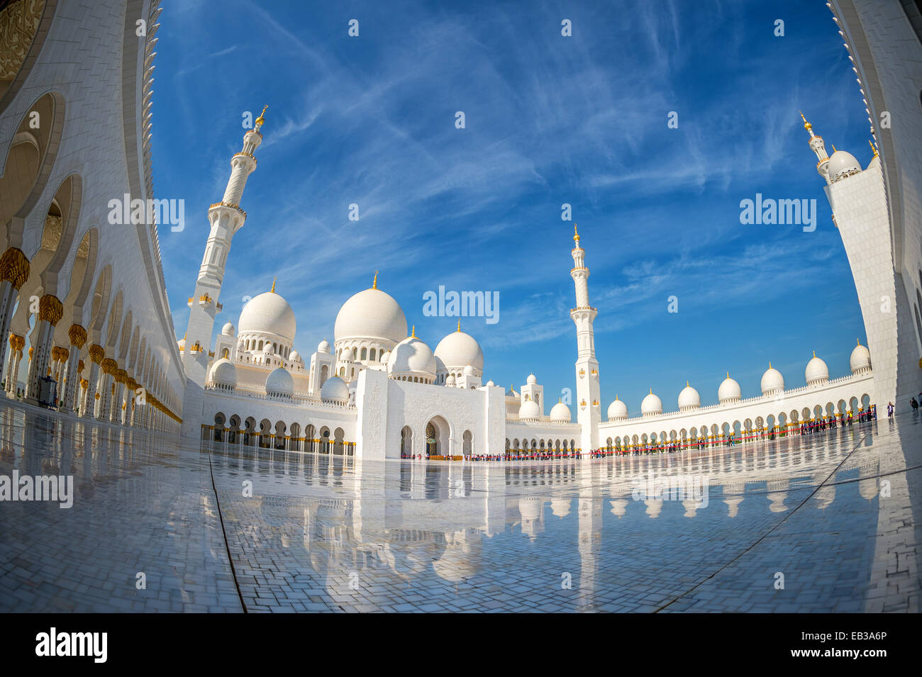 United Arab Emirates, Abu Dhabi, Sheikh Zayed Grand Mosque, Low angle view of courtyard Stock Photo