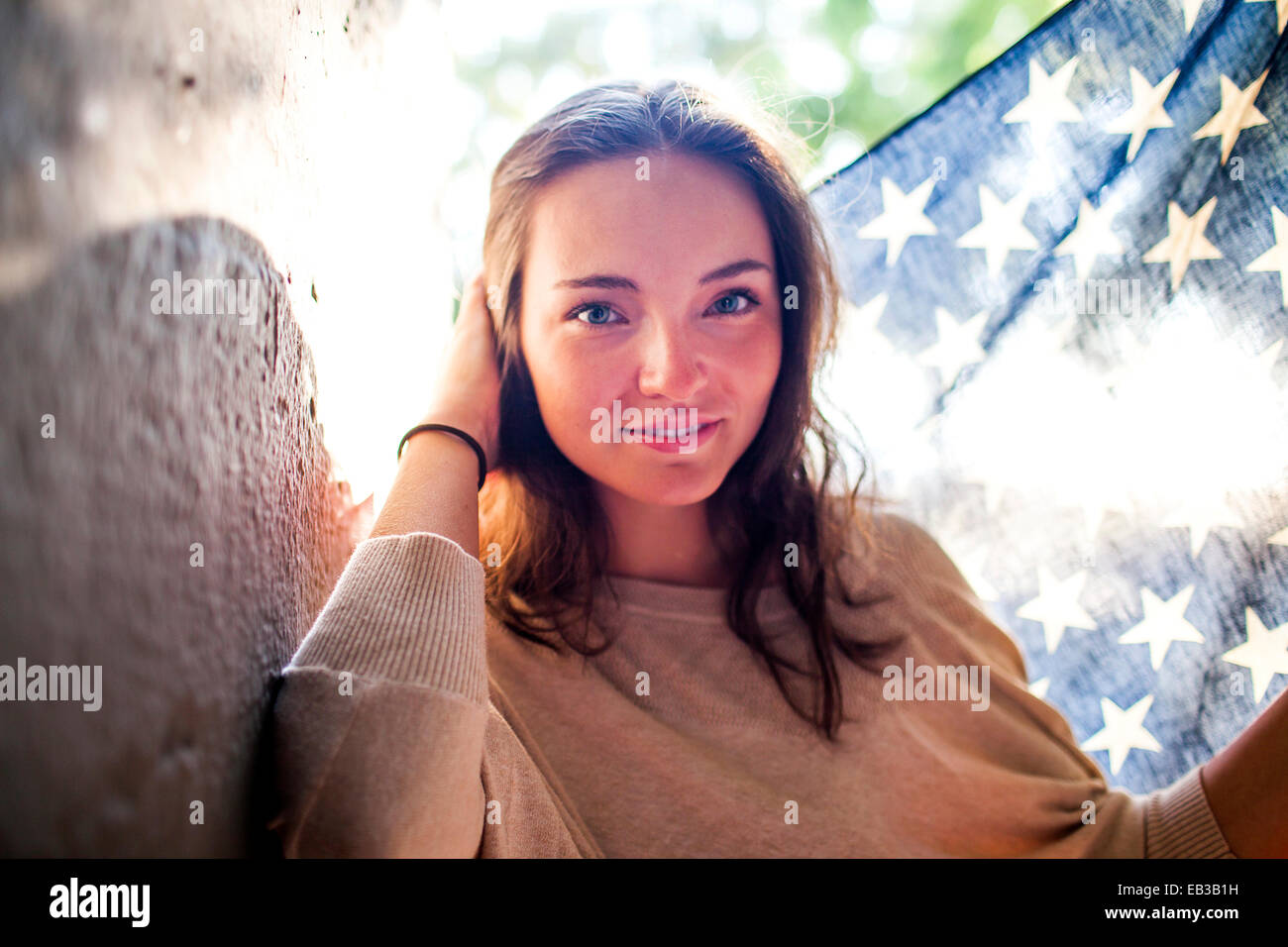 Caucasian woman holding American flag outdoors Stock Photo - Alamy