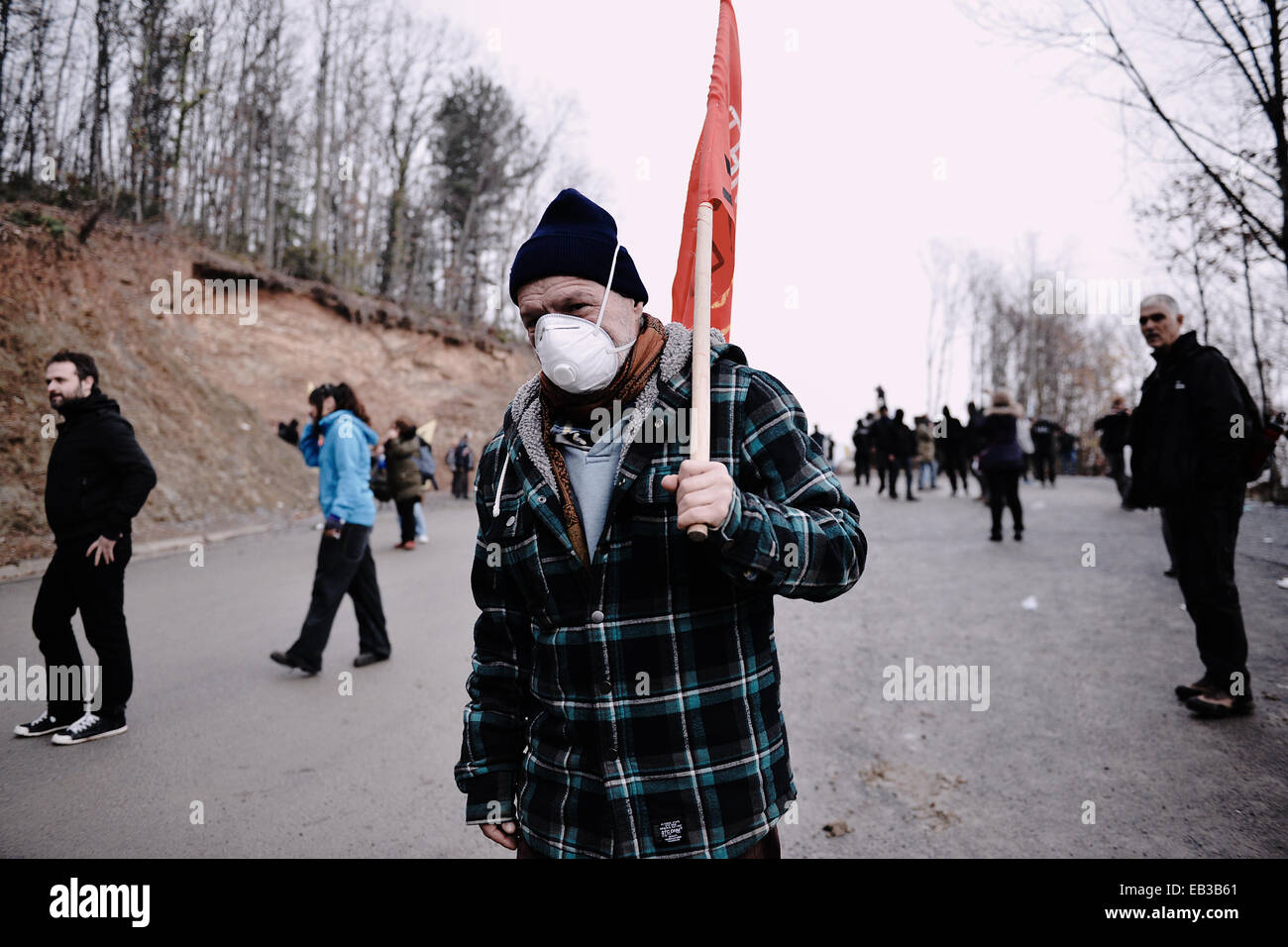 Residents of Chalkidiki's villages, clash with police during a demonstration against the operation of gold mines in the nearby area of Skouries. Residents react against a possible environmental disaster caused by the gold mining project. Stock Photo