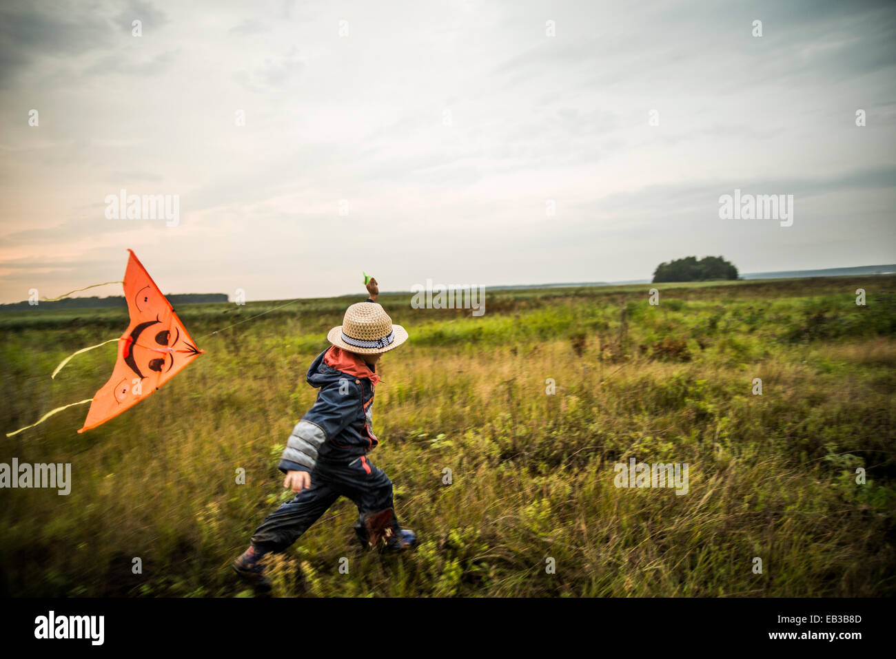 Caucasian boy flying kite in rural field Stock Photo