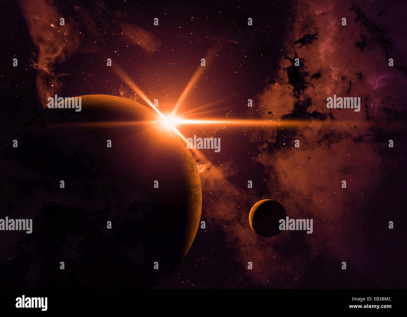 Sunrise in space with earth and moon Stock Photo - Alamy
