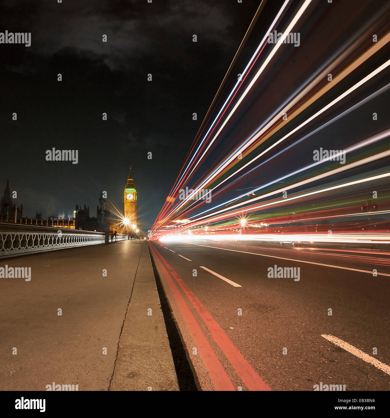 UK, England, London, Light trail on Westminster Bridge Stock Photo