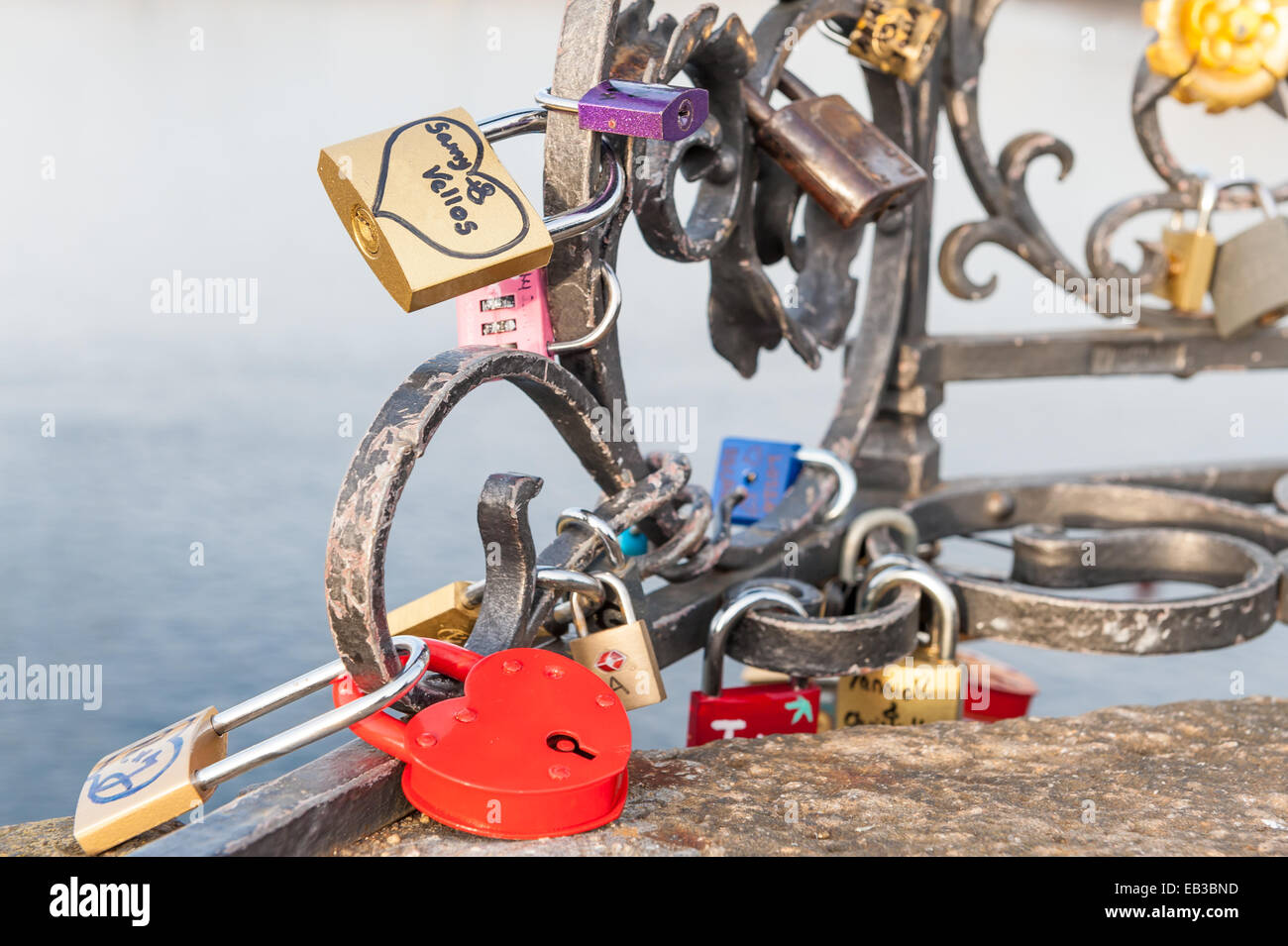 Love and promise padlocks on Charles Bridge, Prague, Czech Republic Stock Photo