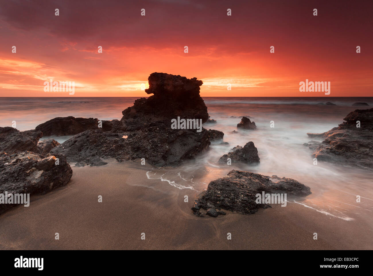 Spain, Canary Islands, Fuerteventura, Beach at sunset Stock Photo