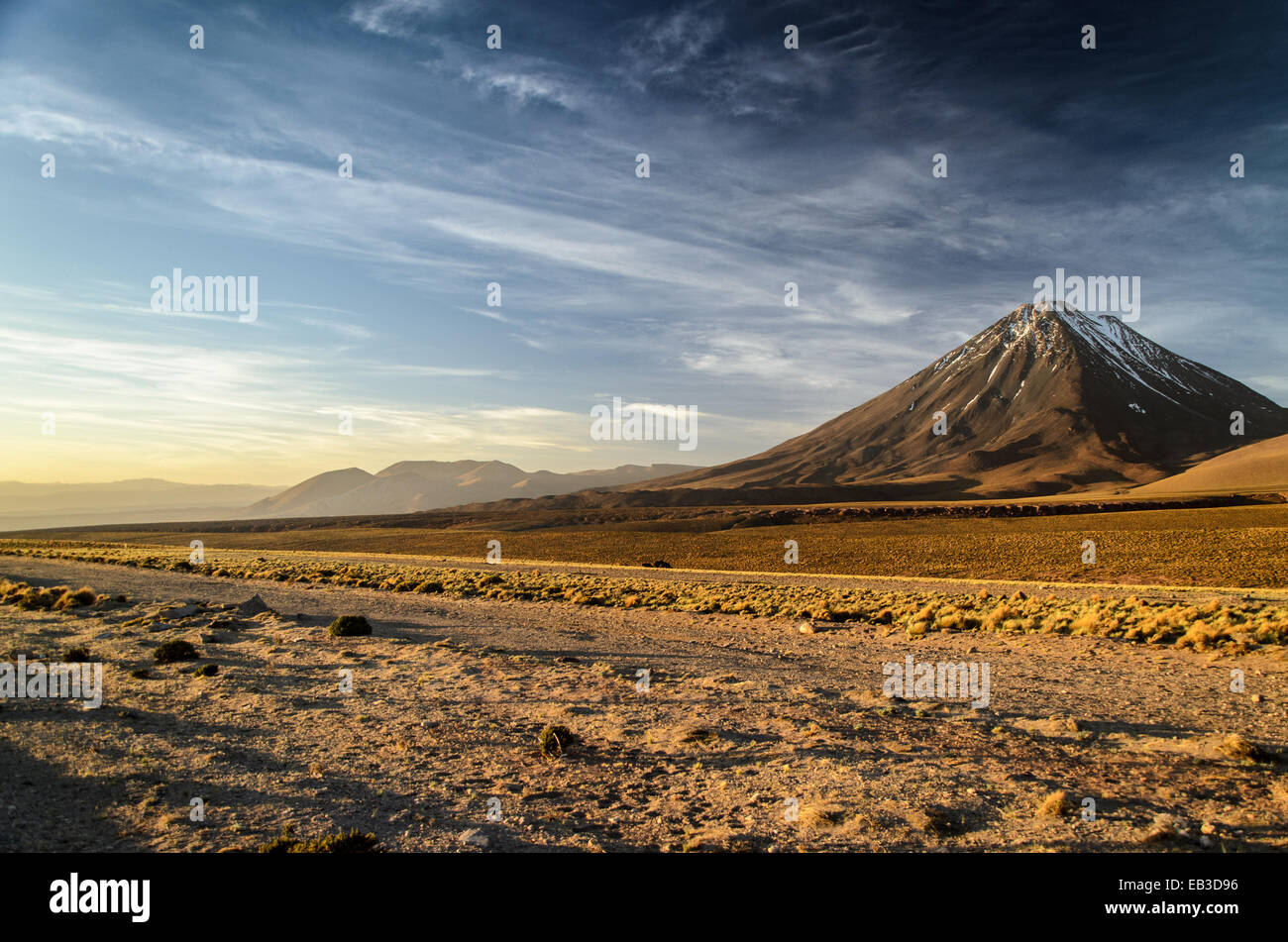 Chile, San Pedro de Atacama, Licancabur volcano at sunset Stock Photo