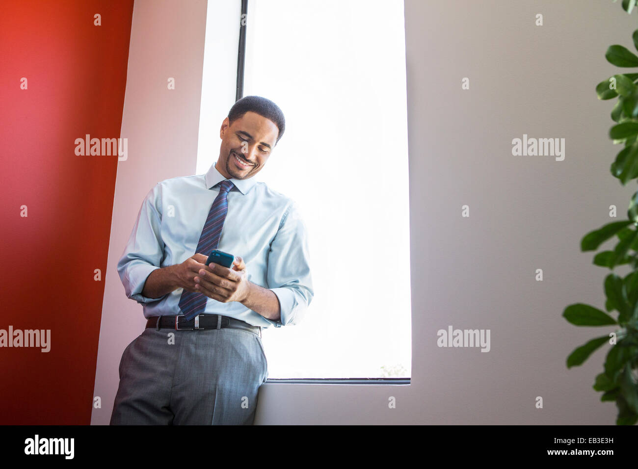 Black businessman using cell phone at office window Stock Photo