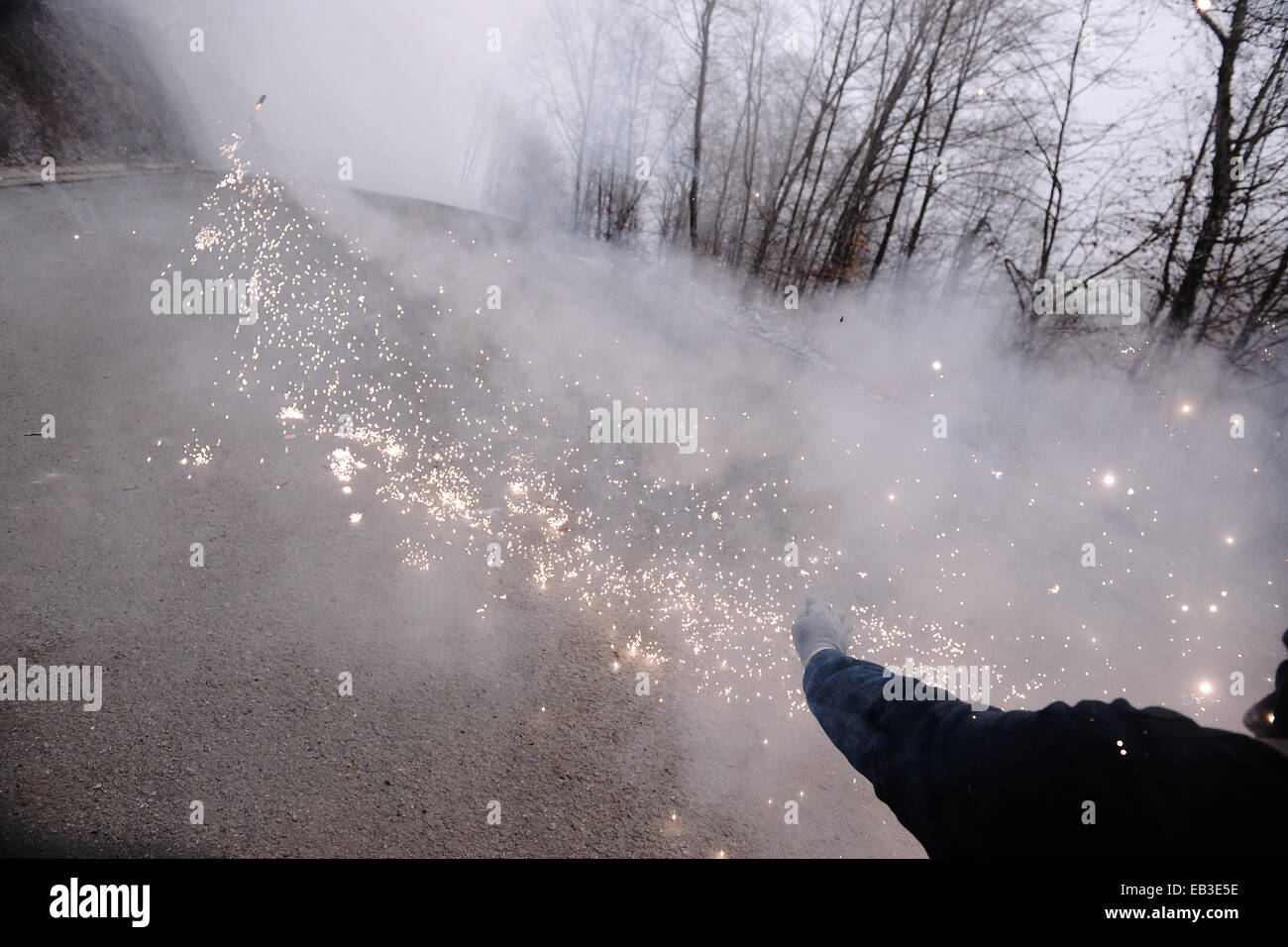 Residents of Chalkidiki's villages, clash with police during a demonstration against the operation of gold mines in the nearby area of Skouries. Residents react against a possible environmental disaster caused by the gold mining project. Stock Photo
