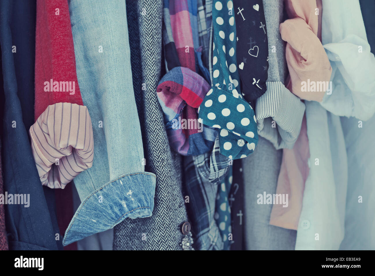 Close-up of shirts hanging in a wardrobe Stock Photo
