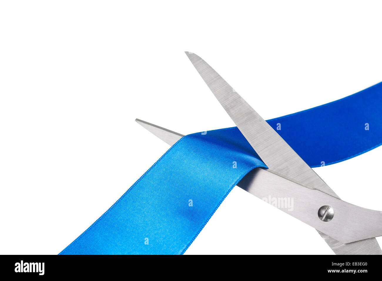 Scissors cutting a blue ribbon Stock Photo Alamy