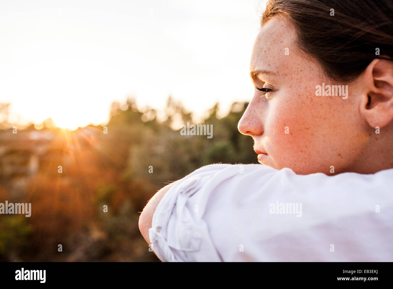 Caucasian woman overlooking landscape Stock Photo