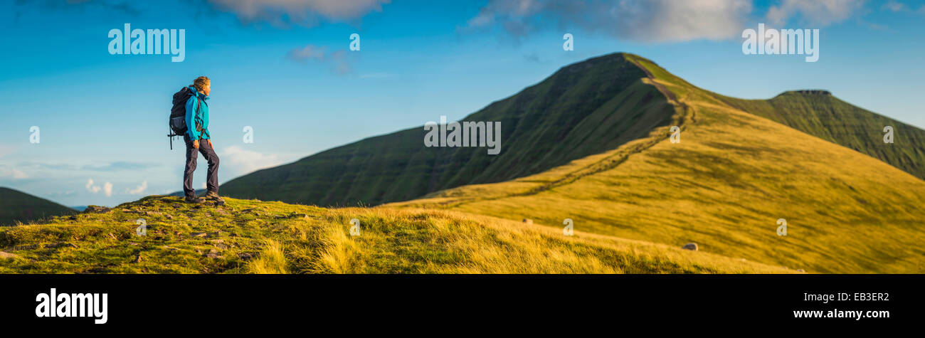 Panoramic view of hiker walking up grassy hill Stock Photo