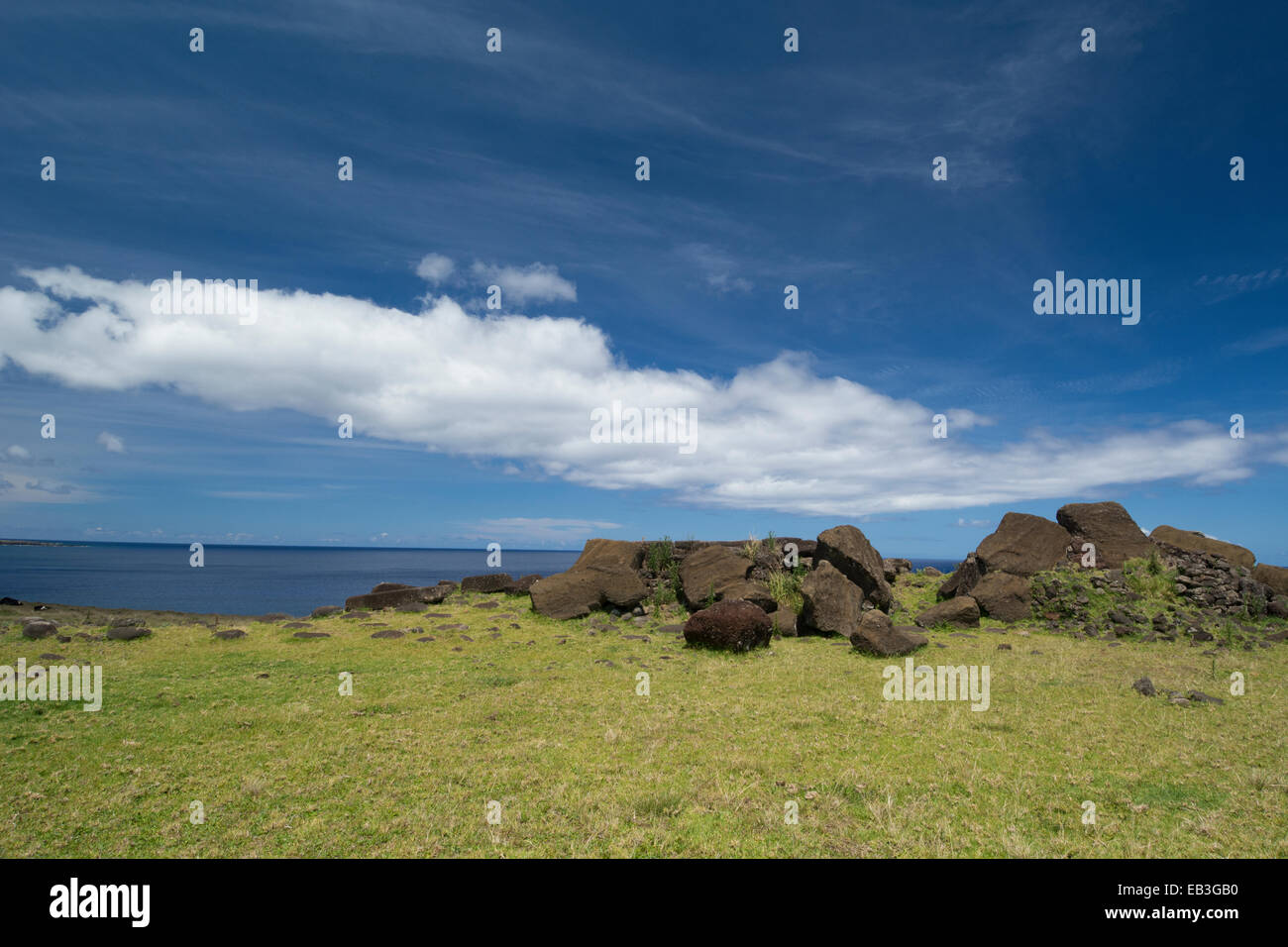 Chile, Easter Island aka Rapa Nui, Rapa Nui NP. Ahu Vinapu, important ceremonial center. Coastal view of platform. Stock Photo