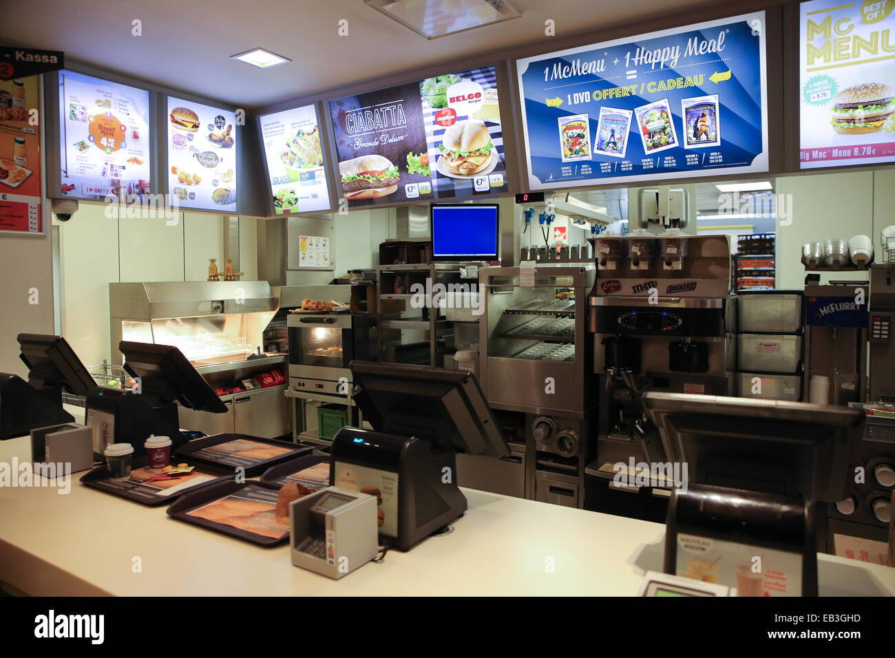 empty mcdonalds cashier counter early morning Stock Photo