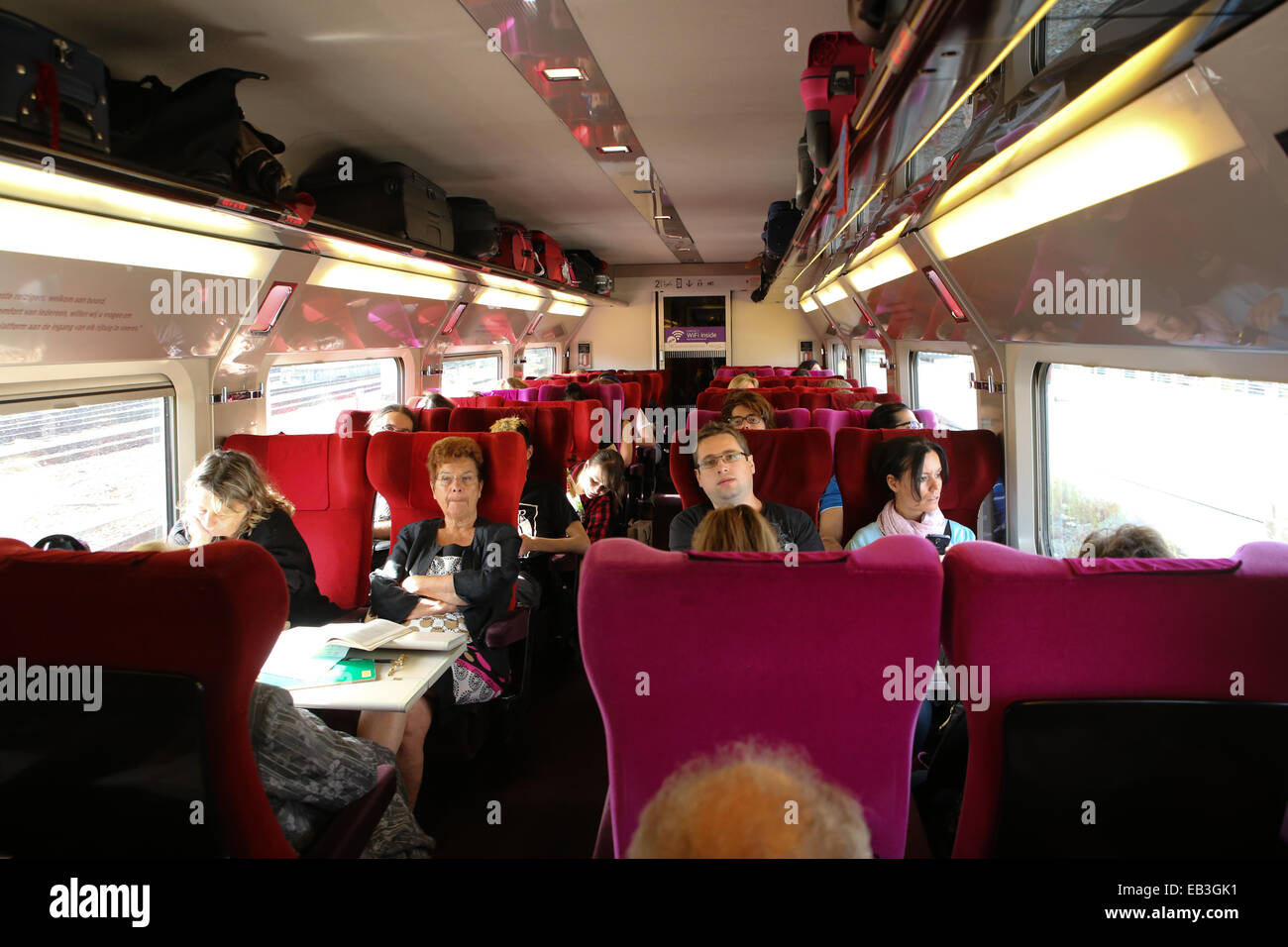 passenger inside european train ride Stock Photo