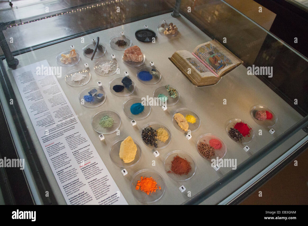 Illuminated manuscript with display of the minerals and pigments used in ancient times to produce the colors, on display in the Stock Photo