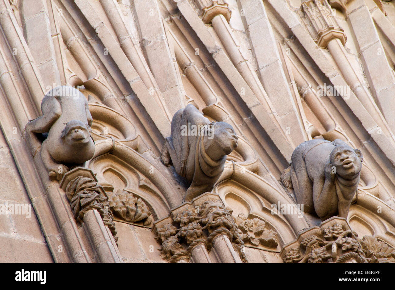 Carved stone Gargoyles decorate the exterior of the Cathedral Saint Eulalia in the Barri Gotic Barcelona,Spain Stock Photo