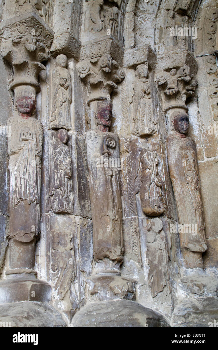 Stone carved statues on the facade of the 15th century Church of San Esteban Sos del Rey Catolico Stock Photo