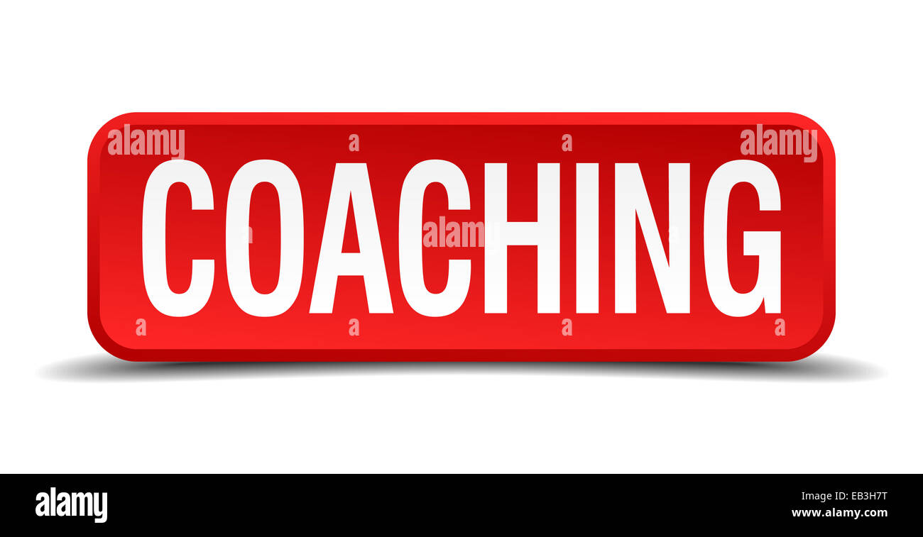 Coaching red three-dimensional square button isolated on white ...