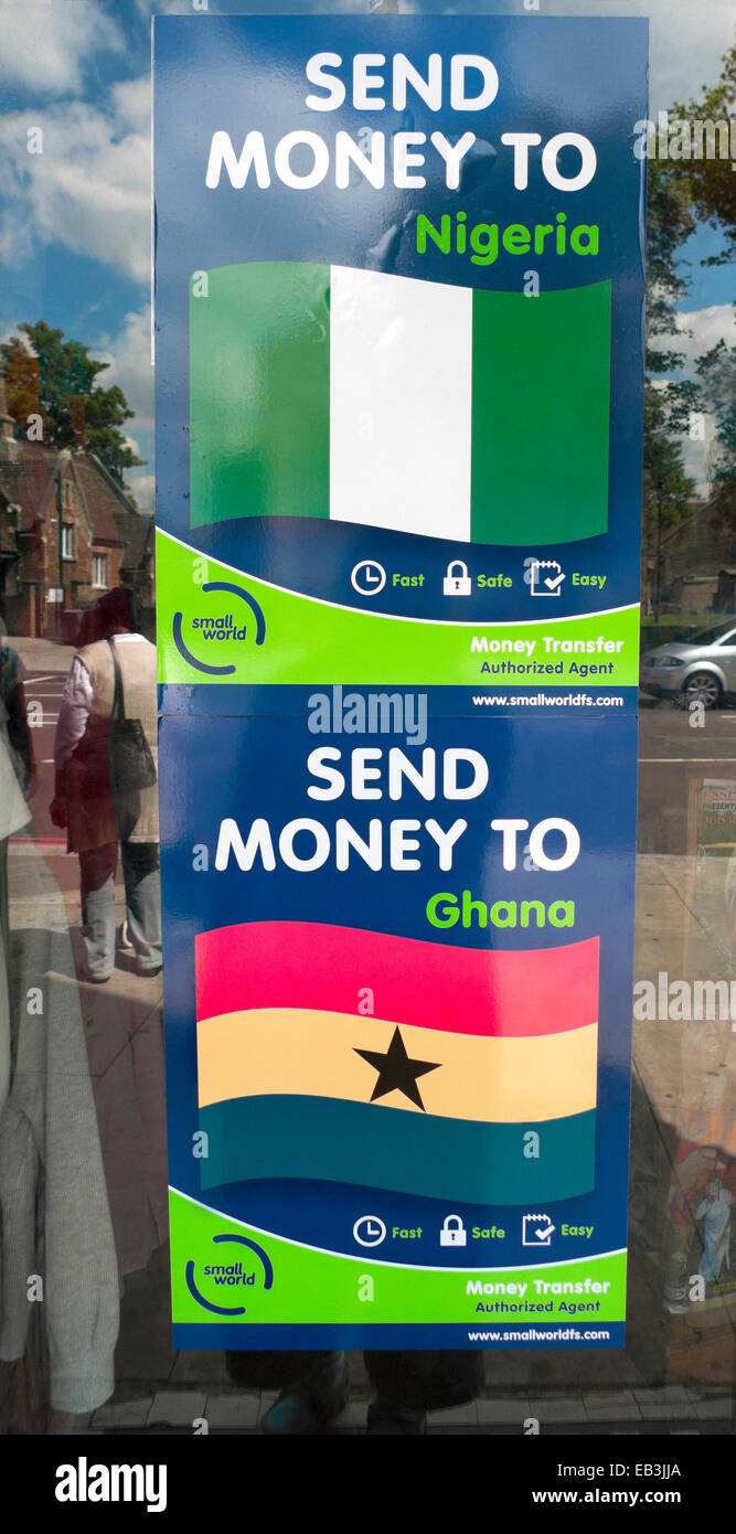 Send Money to Nigeria Ghana Transfer sign on shop window in Tottenham London N15 England Britain
