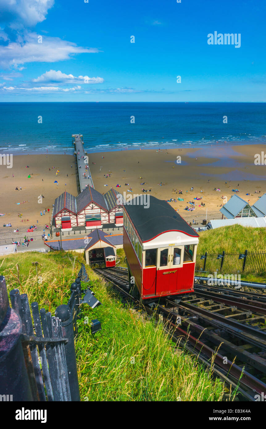 Cliff railway and Victorian pier at Saltburn by the Sea North Yorkshire England Stock Photo